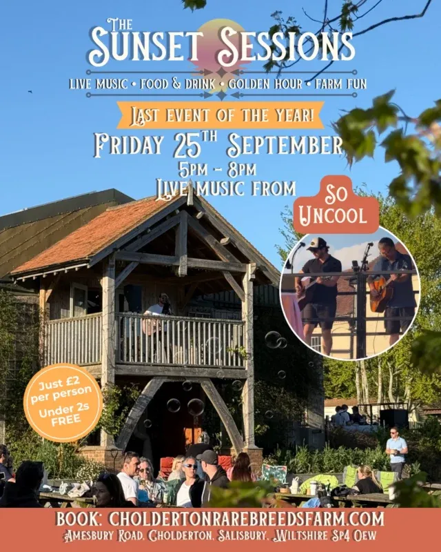 🌅 One last Sunset Session before we say goodbye to summer… 🎶

Join us on Friday 25th September for our final Sunset Session of 2026, with live music from So Uncool!

Our previous Sunset Sessions have sold out, so if you’ve been meaning to join us, this is your last chance this year. 🍻

📅 Friday 25th September
🚪 Doors & food from 5pm
🎶 Live music from So Uncool

Round up your favourite people, bring a picnic blanket or camping chair and settle in for an evening of live music, great food, drinks, fun for the kids and sunset vibes on the farm. 🌅

Our outdoor kitchen, bar and café will be open all evening, so come hungry and make a night of it! 🍔🍻🍦

🎟️ just £2pp. 
Tickets are available now, but with our previous sessions selling out, don’t leave it too late to book!

Who are you bringing? Tag them below 👇