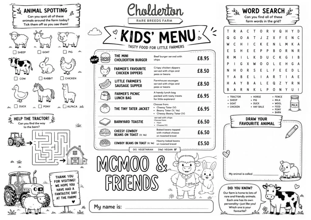 Kids children food menu at Cholderton Rare Breeds Farm Cafe